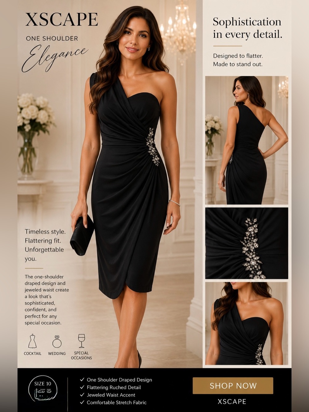 Xscape Black One-Shoulder Draped Cocktail Dress with Jeweled Waist